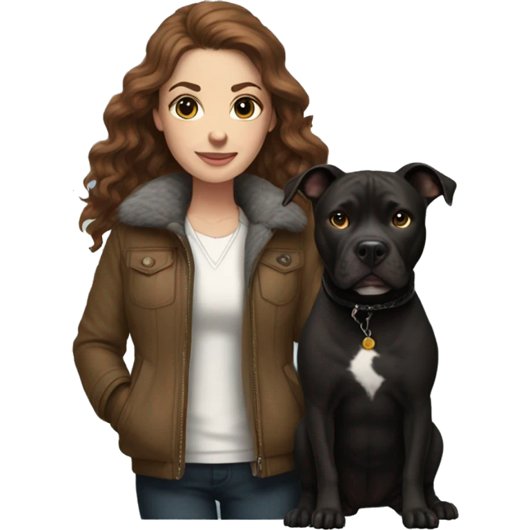 white woman with long brown hair and cat shaped eyes wearing a furry jacket standing alongside a black pitbull  emoji