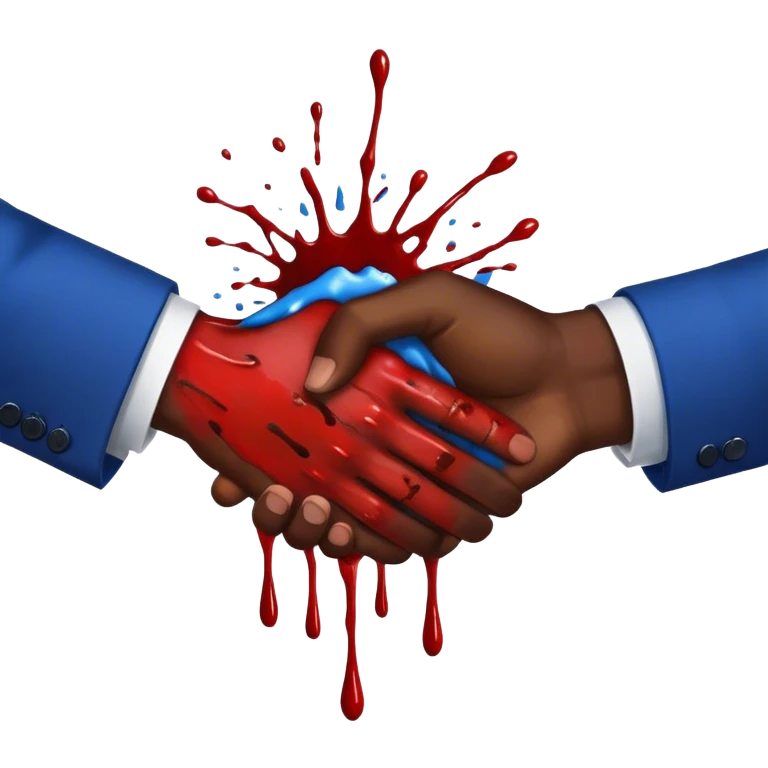 handshake, blood on one of the hands, in blue suits, blood splashes emoji