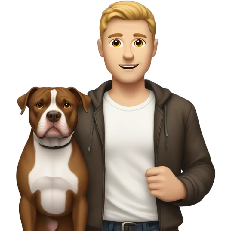 white male with brown hair standing alongside a white and brown pitbull emoji