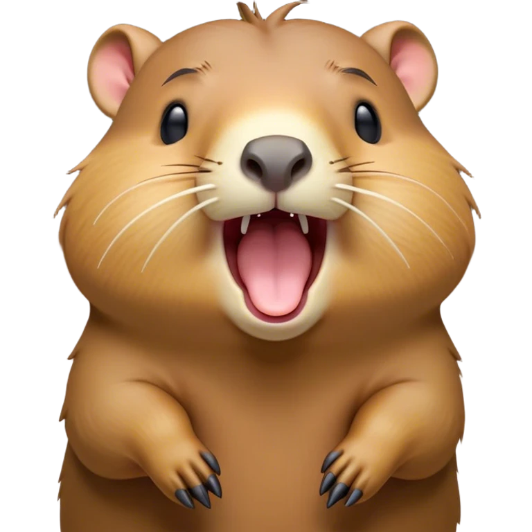 Cinematic Cute Yawning Capybara Portrait Emoji, Head tilted slightly with a dramatic, wide-open yawn, showcasing a plush, rounded body with drowsy, half-closed eyes and a relaxed expression, Simplified yet irresistibly adorable features, highly detailed, glowing with a soft, cozy natural glow, high shine, relaxed yet expressive, stylized with a dash of whimsical charm, soft glowing outline, capturing the essence of a drowsy yet affectionate guardian that seems ready to stretch out for a nap! emoji