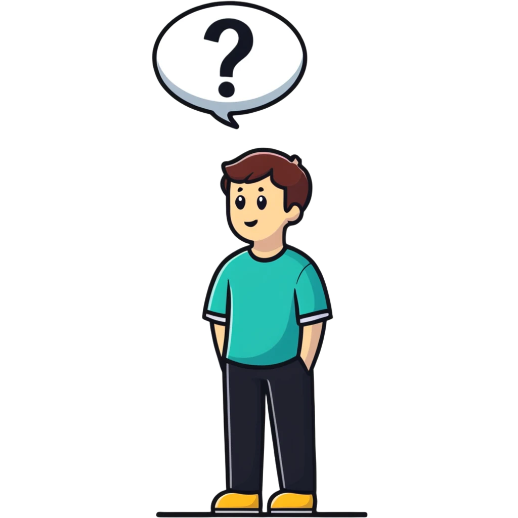thoughtful person looking up with question marks emoji