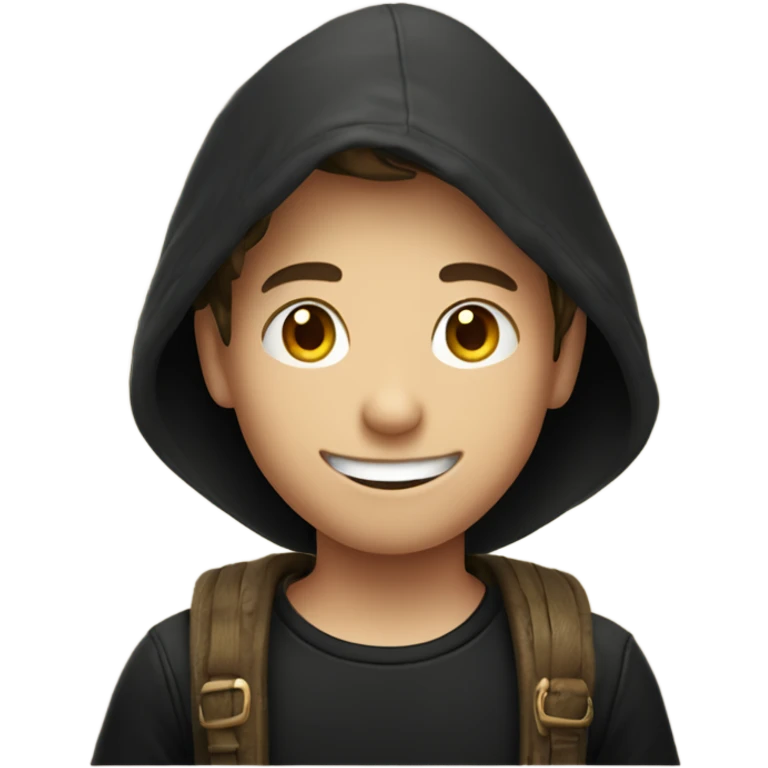 smiling boy in black shirt and with a hunter hut emoji