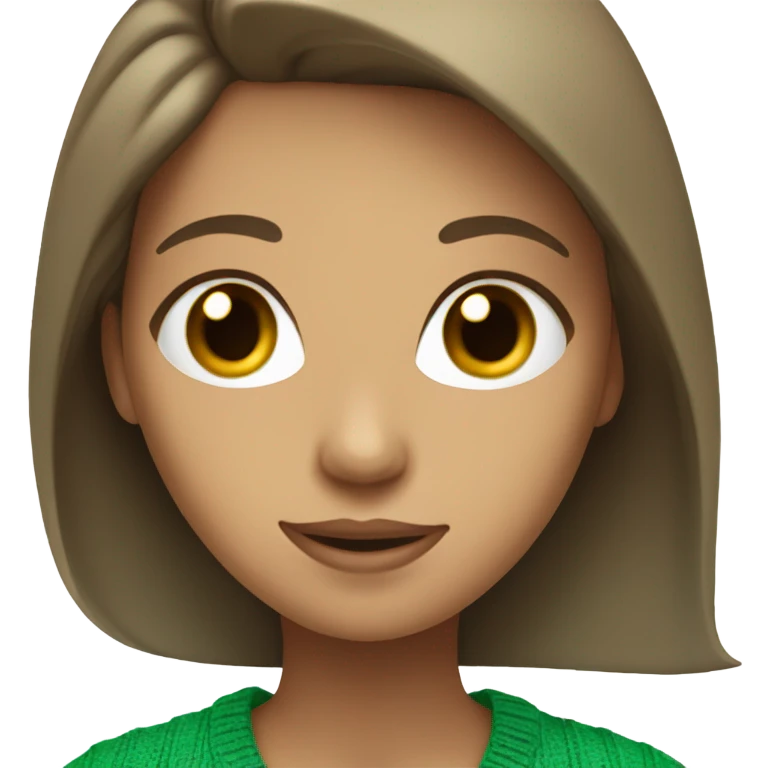 tan girl with  brunette hair blue eyes and a green sweater on emoji