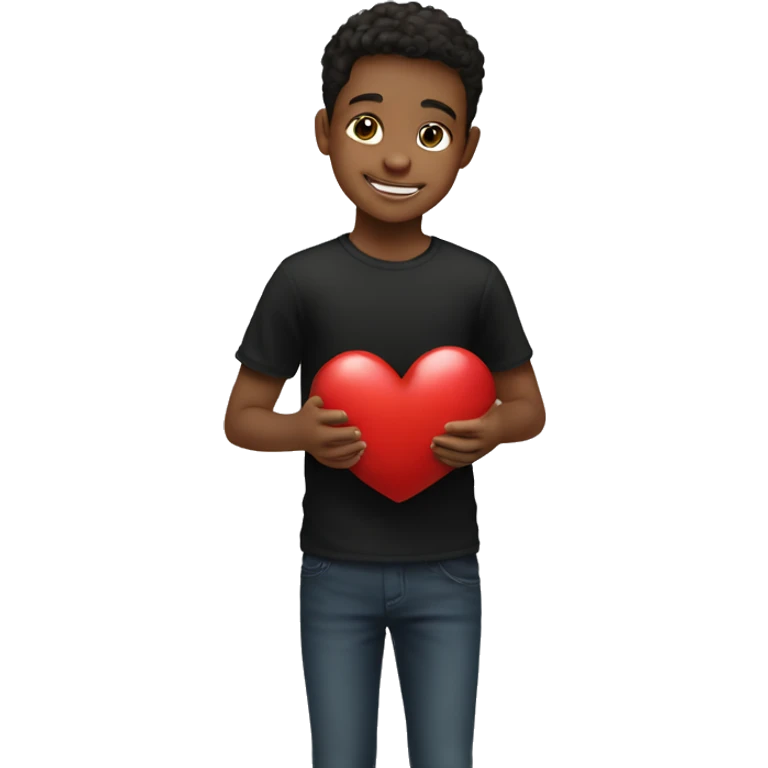 smiling boy in black shirt holding heart  emoji