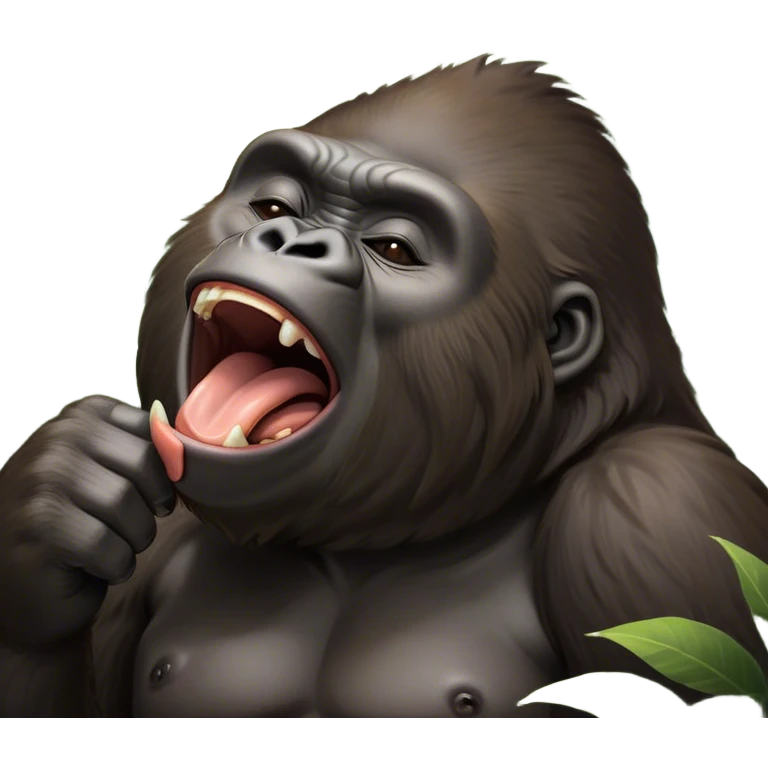 Cinematic Cute Yawning Gorilla Portrait Emoji, Head tilted slightly with a dramatic, wide-open yawn, showcasing a thick, velvety Fur with drowsy, half-closed eyes and a relaxed, open expression, Simplified yet irresistibly adorable features, highly detailed, glowing with a soft, cozy jungle glow, high shine, relaxed yet expressive, stylized with a dash of whimsical primate charm, soft glowing outline, capturing the essence of a drowsy yet affectionate guardian that appears ready to stretch out for a nap! emoji