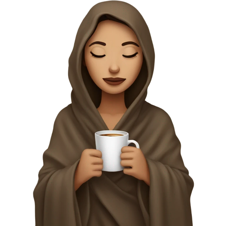 Brunette girl inside a blanket sipping coffee eyes closed emoji