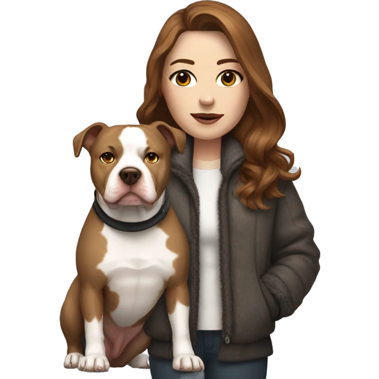 white woman with long brown hair in a furry jacket standing alongside a white pitbull with a brown patch around his eye emoji