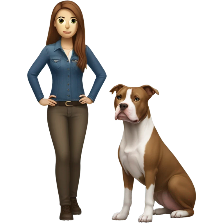 white woman with straight long brown hair standing alongside a white pitbull emoji