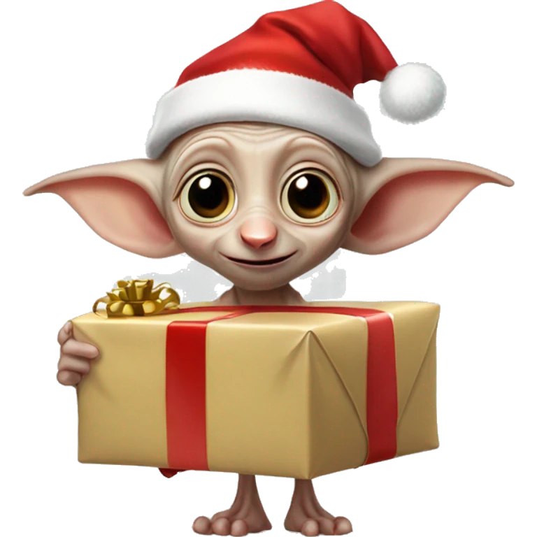 Dobby the house-elf wearing a tiny Santa hat, holding a wrapped gift with his big, joyful eyes shining emoji