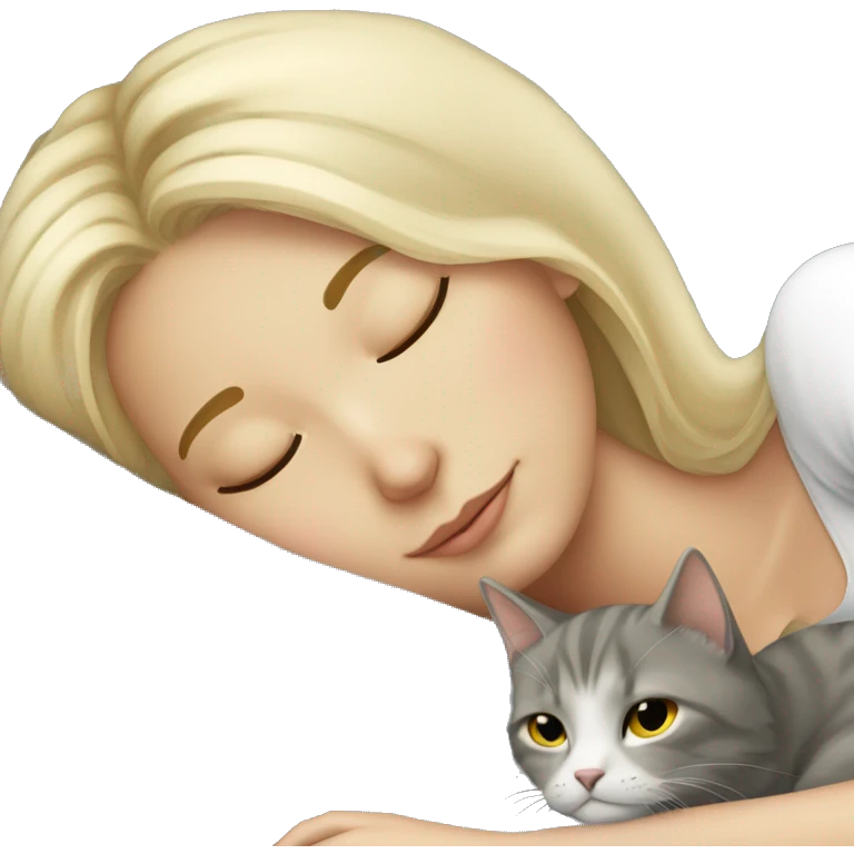 sleeping girl blonde hair laying next to grey cat emoji