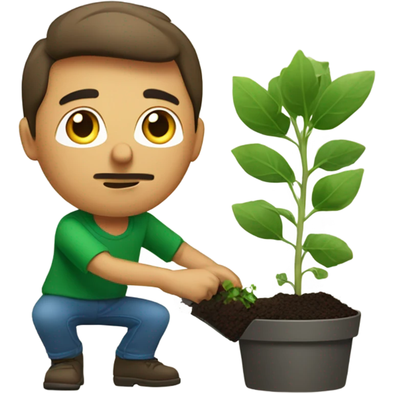 male portrait in green shirt repotting plants emoji