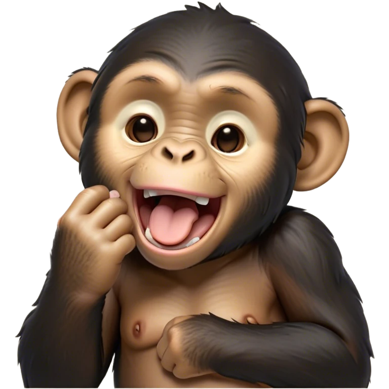 Cinematic Cute Yawning Chimpanzee Portrait Emoji, Head tilted slightly with a dramatic, wide-open yawn, showcasing a gently textured face with half-closed, drowsy eyes and an open, relaxed expression, Simplified yet irresistibly adorable features, highly detailed, glowing with a soft, cozy glow, high shine, relaxed yet expressive, stylized with a dash of whimsical primate charm, soft glowing outline, capturing the essence of a drowsy yet affectionate guardian that seems ready to stretch out for a nap! emoji