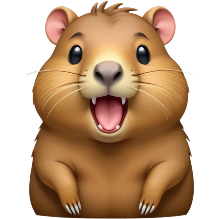 Cinematic Cute Yawning Capybara Portrait Emoji, Head tilted slightly with a dramatic, wide-open yawn, showcasing a plush, rounded body with a broad capybara head featuring a short snout and subtle, small ears, with drowsy, half-closed eyes and a relaxed expression, Simplified yet irresistibly adorable features, highly detailed, glowing with a soft, cozy natural glow, high shine, relaxed yet expressive, stylized with a dash of whimsical charm, soft glowing outline, capturing the essence of a drowsy yet affectionate capybara guardian that seems ready to stretch out for a nap! emoji