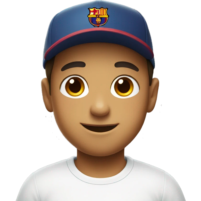 smiling boy in white shirt with Barcelona Cap emoji