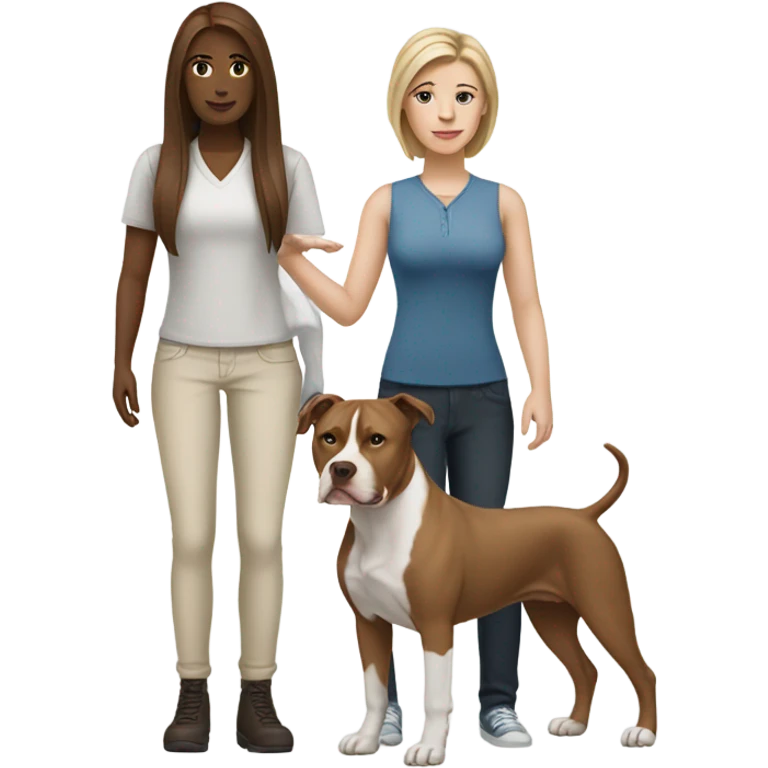 white woman with straight long brown hair alongside a white pitbull emoji
