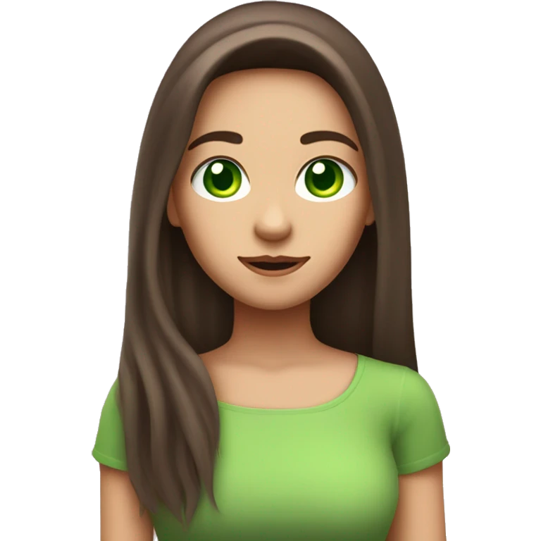 Create a brunette girl with long hair and a pink lock of hair, with green eyes, holding a phone, the light from the phone should fall on the girl emoji