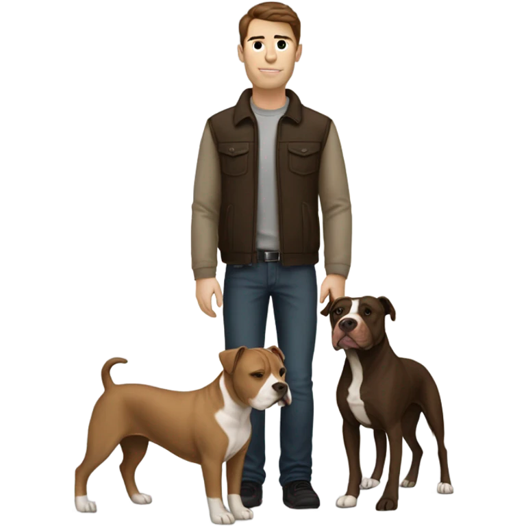 white male with dark brown hair and 5 o'clock shadow standing alongside a white and brown pitbull emoji