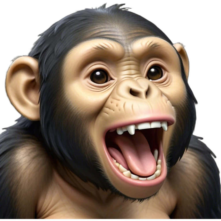 Cinematic Cute Yawning Chimpanzee Portrait Emoji, Head tilted slightly with a dramatic, wide-open yawn, showcasing a gently textured face with half-closed, drowsy eyes and an open, relaxed expression, Simplified yet irresistibly adorable features, highly detailed, glowing with a soft, cozy glow, high shine, relaxed yet expressive, stylized with a dash of whimsical primate charm, soft glowing outline, capturing the essence of a drowsy yet affectionate guardian that seems ready to stretch out for a nap! emoji