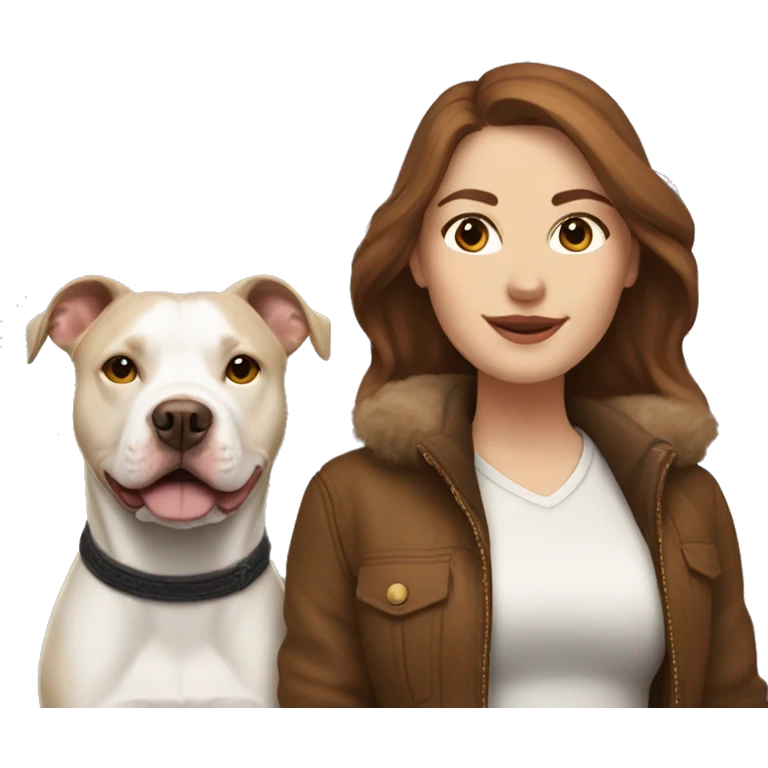 white woman with long brown hair in a furry jacket standing alongside a white pitbull emoji