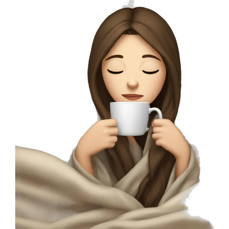 pale brunette girl inside a blanket sipping coffee eyes closed emoji