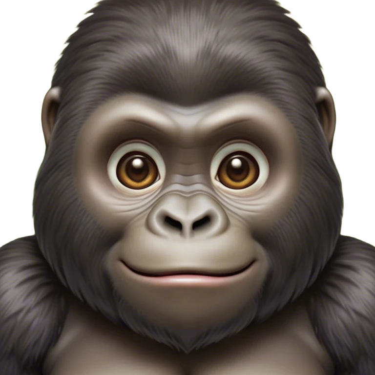 Cinematic Cute Gorilla Portrait Emoji, Head tilted playfully and inquisitively, with a robust, endearingly soft face accented by tender fur and round, sparkling eyes full of warmth, Simplified yet irresistibly adorable features, highly detailed, glowing with a warm, friendly jungle glow, high shine, affectionate and lively, stylized with a touch of whimsical charm, soft glowing outline, capturing the essence of a mischievous yet loving gorilla that feels like it could lumber out of the screen into your arms! emoji