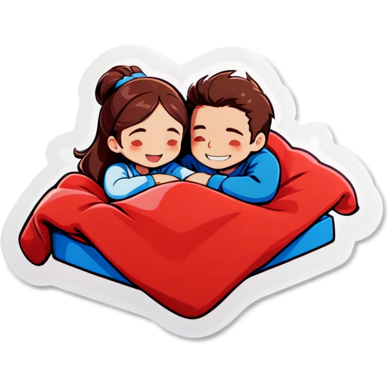 Man and woman holding each other in a bed with red blanket and blue pillows  emoji