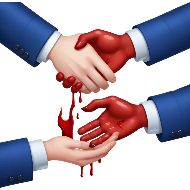 handshake, hands in blue suits, blood on one of the hands, drops emoji