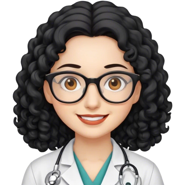 smiling doctor woman, brown eyes, white skin,  long black curly hair with glasses emoji