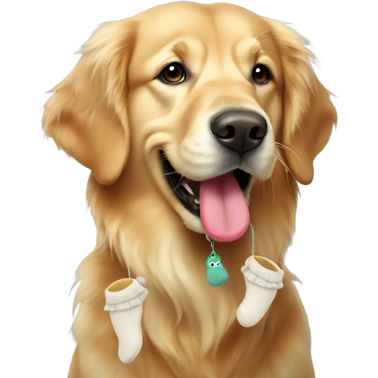 Golden retriever with sock dangling from mouth emoji