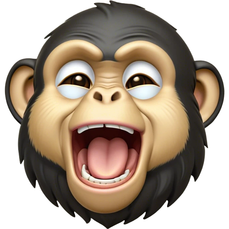 Cinematic Cute Yawning Chimpanzee Portrait Emoji, Head tilted slightly with a dramatic, wide-open yawn, showcasing a gently textured face with half-closed, drowsy eyes and an open, relaxed expression, Simplified yet irresistibly adorable features, highly detailed, glowing with a soft, cozy glow, high shine, relaxed yet expressive, stylized with a dash of whimsical primate charm, soft glowing outline, capturing the essence of a drowsy yet affectionate guardian that seems ready to stretch out for a nap! emoji