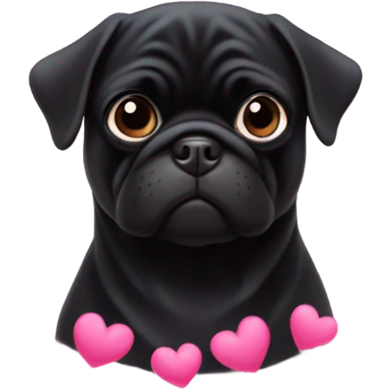 Black pug surrounded by pink hearts emoji