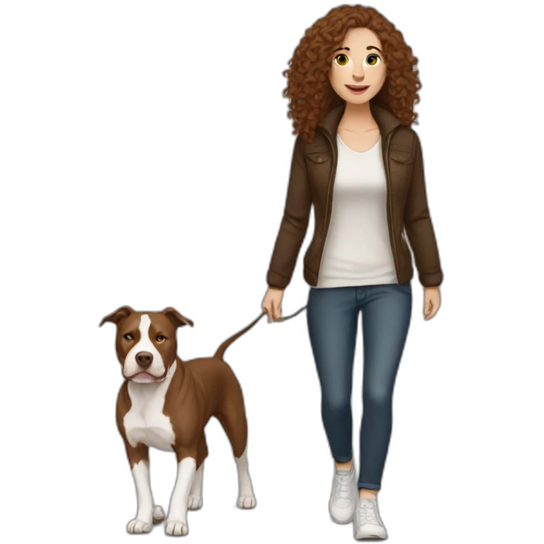 White woman with long curly brown hair walking brown and white pitbull emoji