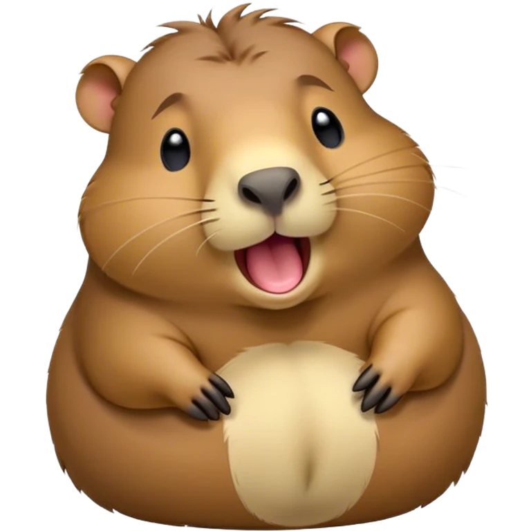 Cinematic Cute Yawning Capybara Portrait Emoji, Head tilted slightly with a dramatic, wide-open yawn, showcasing a plush, rounded body with drowsy, half-closed eyes and a relaxed expression, Simplified yet irresistibly adorable features, highly detailed, glowing with a soft, cozy natural glow, high shine, relaxed yet expressive, stylized with a dash of whimsical charm, soft glowing outline, capturing the essence of a drowsy yet affectionate guardian that seems ready to stretch out for a nap! emoji
