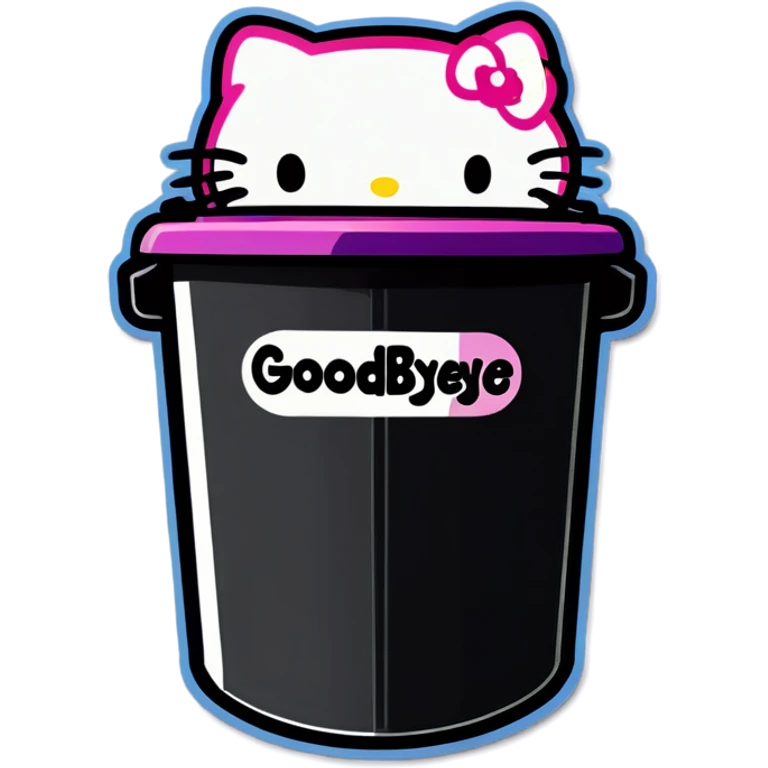 A trash bin that says GOODBYEEEE with hello Kitty in it emoji