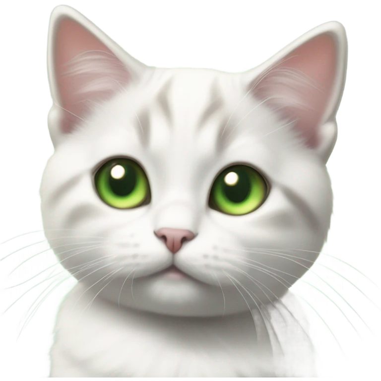 White munchkin cat standing with grey triangle of fur on head and green eyes emoji