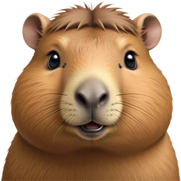 Cinematic Cute Capybara Portrait Emoji, Head tilted playfully and inquisitively, with a delightfully fluffy, rounded form and a distinctively endearing capybara face marked by a short snout and petite ears, accented by luxuriously soft fur in warm earthy tones and bright, sparkling eyes full of charm; rendered with intricate, realistic detail and natural highlights, high shine, affectionate and lively, styled with a touch of whimsical cuteness, soft glowing outline, capturing the essence of a mischievous yet loving capybara that seems poised to tumble playfully into your arms! emoji
