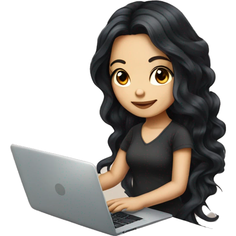 beautiful girl with tattoos, with long black hair, wavy hair, chinese, with laptop emoji