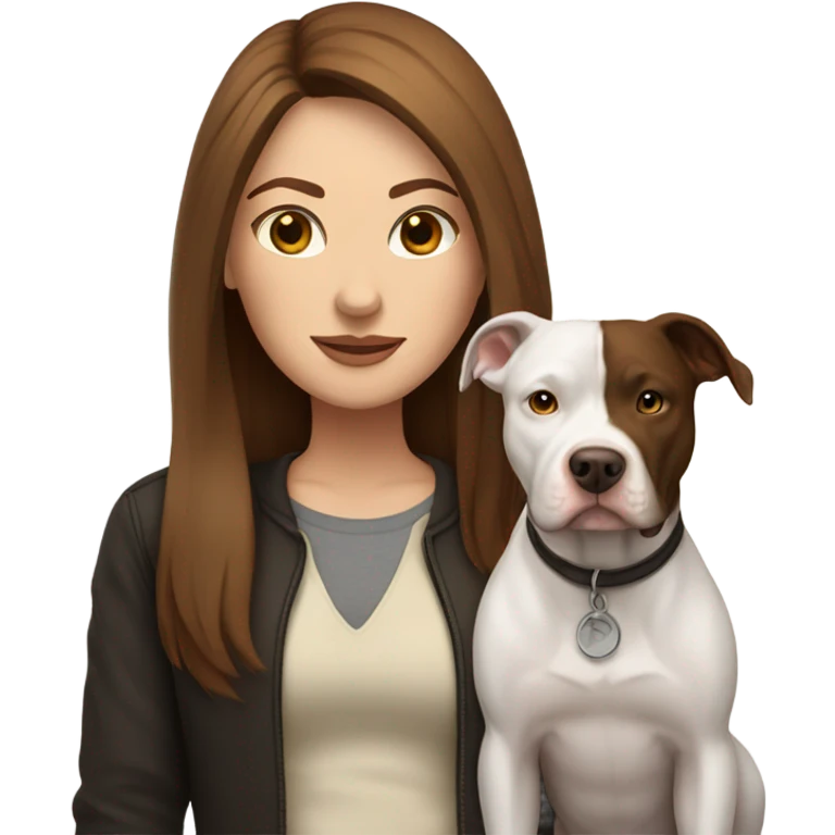 white woman with straight long brown hair standing alongside a white pitbull emoji