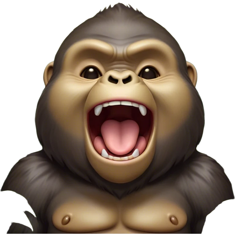 Cinematic Cute Yawning Gorilla Portrait Emoji, Head tilted slightly with a dramatic, wide-open yawn, showcasing a thick, velvety Fur with drowsy, half-closed eyes and a relaxed, open expression, Simplified yet irresistibly adorable features, highly detailed, glowing with a soft, cozy jungle glow, high shine, relaxed yet expressive, stylized with a dash of whimsical primate charm, soft glowing outline, capturing the essence of a drowsy yet affectionate guardian that appears ready to stretch out for a nap! emoji