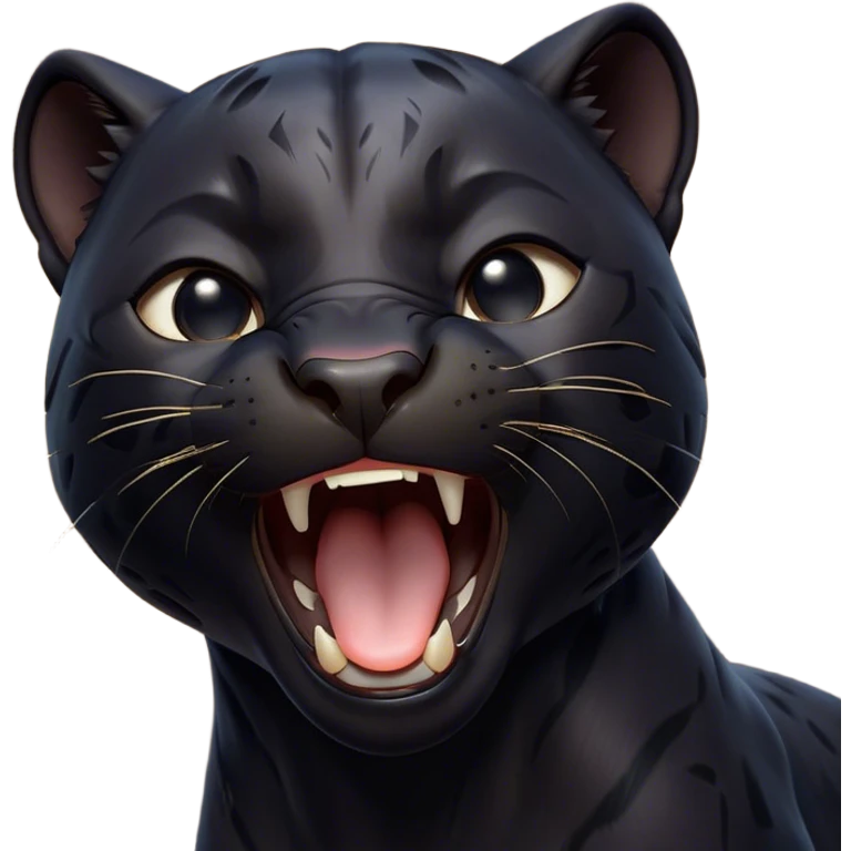Cinematic Cute Yawning black Panther Portrait Emoji, Head tilted slightly with a dramatic, wide-open yawn, showcasing a sleek, shadowy form with drowsy, half-closed eyes and a relaxed, open expression, Simplified yet irresistibly adorable features, highly detailed, glowing with a soft, cozy dark glow, high shine, relaxed yet expressive, stylized with a dash of whimsical elegance, soft glowing outline, capturing the essence of a drowsy yet affectionate jungle guardian that appears ready to stretch out for a nap! emoji