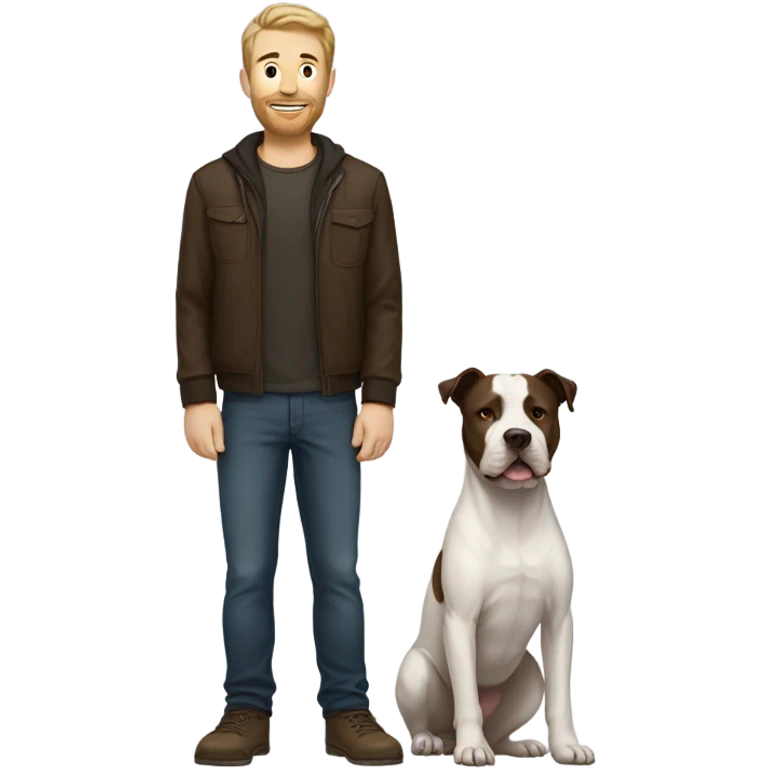 white male with dark brown hair and a lightly scruffy beard shadow standing alongside a white pitbull emoji