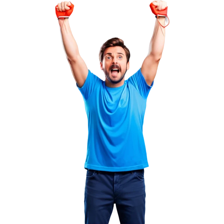 Man holding both arms in the air and holding an electrical cable der Man looks sad emoji