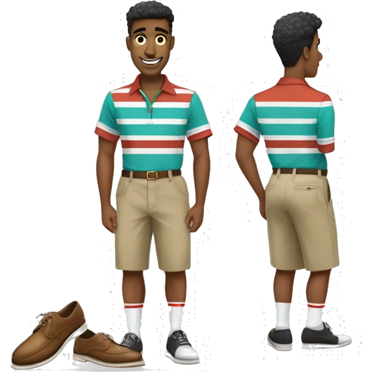 man wearing a retro bowling shirt with a teal base color with two white vertical stripes on the front, separated by thin black lines, Baggy khaki cargo shorts that go over the knees, Expensive gold watch, Italian brown loafers with pale white high socks emoji