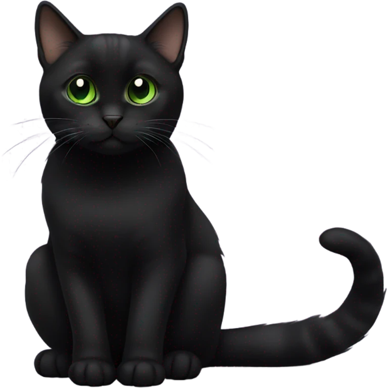 Black munchkin cat sitting with green eyes emoji