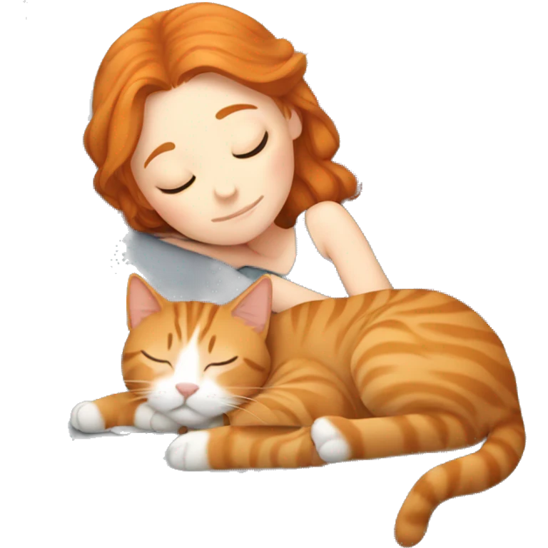 sleeping girl ginger hair laying next to gray tabby cat emoji