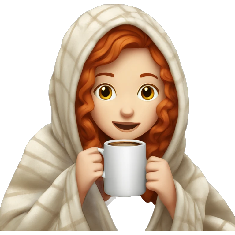 Redhead girl in cozy blanket drinking coffee  emoji