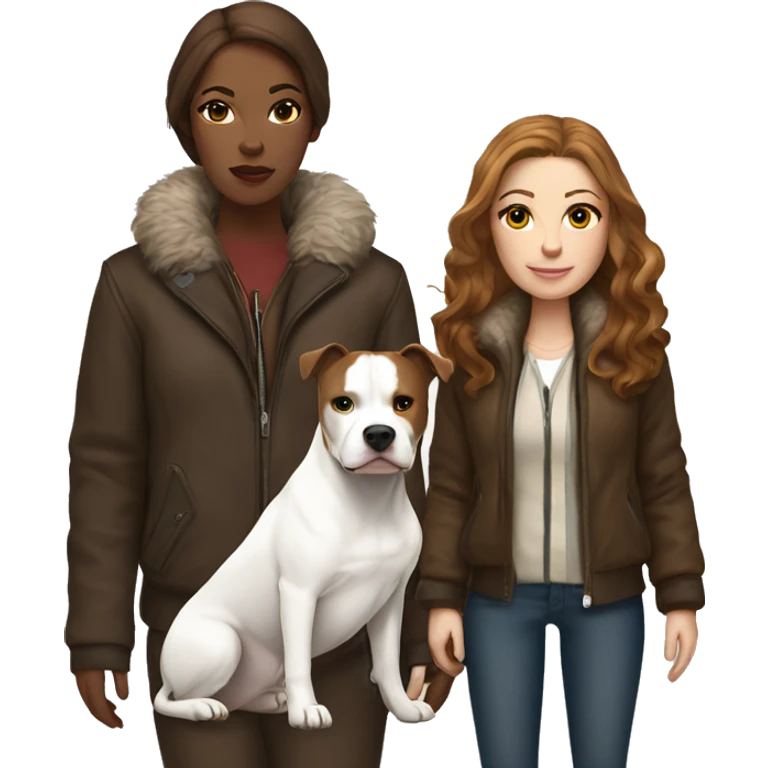 white woman with long brown hair in a furry jacket standing alongside a white pitbull emoji
