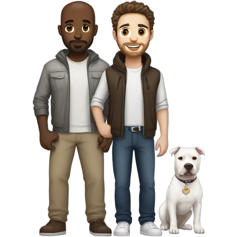 white male with dark brown hair and a lightly scruffy beard shadow standing alongside a white pitbull emoji