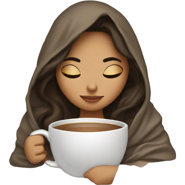girl brunette inside a blanket sipping coffee eyes closed emoji