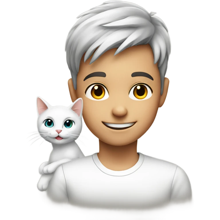 smiling boy in white shirt with cat emoji
